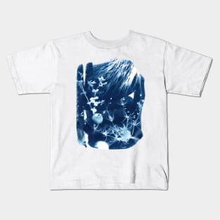 Cyanotype sunprinted beach landscape with wildflowers and shells Kids T-Shirt